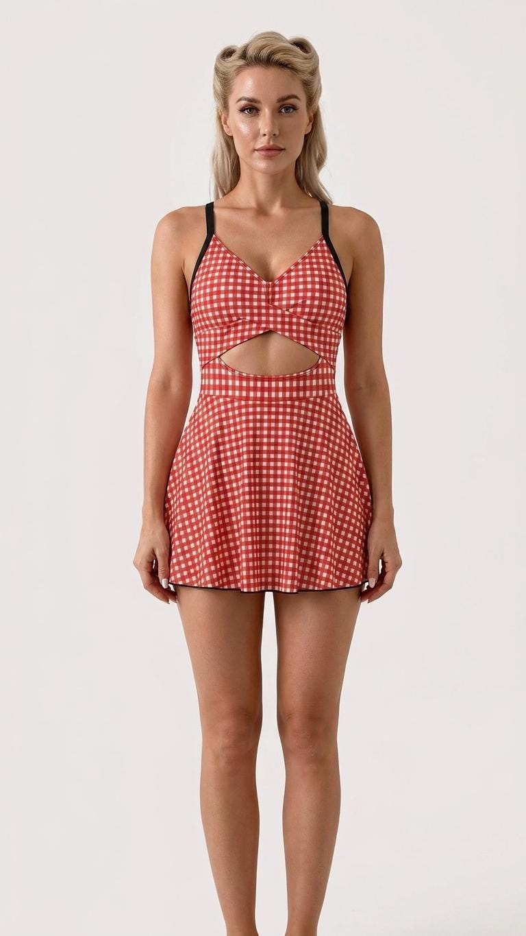Skirted One-Piece Swimsuit with Cut-Out Detail | Integrated Bottoms | Red Vintage Gingham