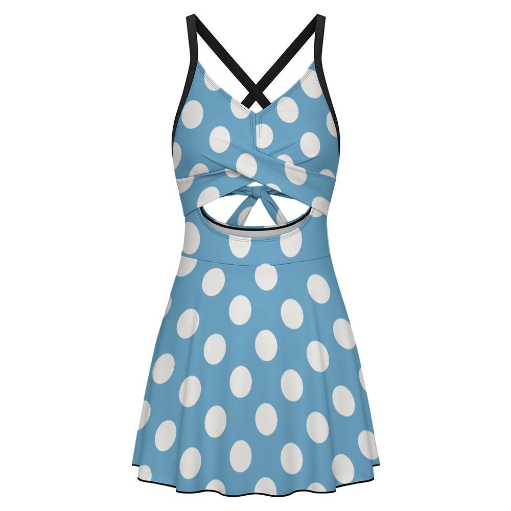 Skirted One-Piece Swimsuit with Cut-Out Detail | Integrated Bottoms | Blue Retro Polka-Dot