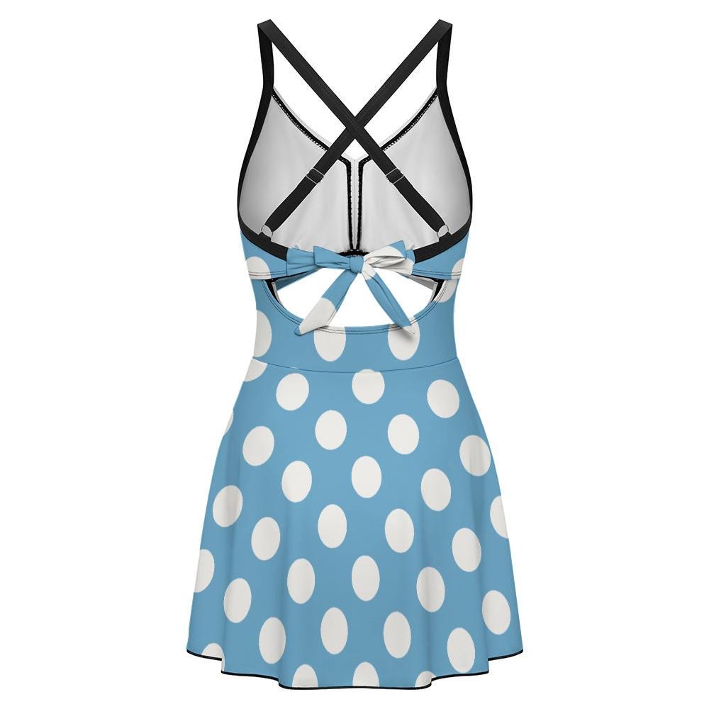 Skirted One-Piece Swimsuit with Cut-Out Detail | Integrated Bottoms | Blue Retro Polka-Dot