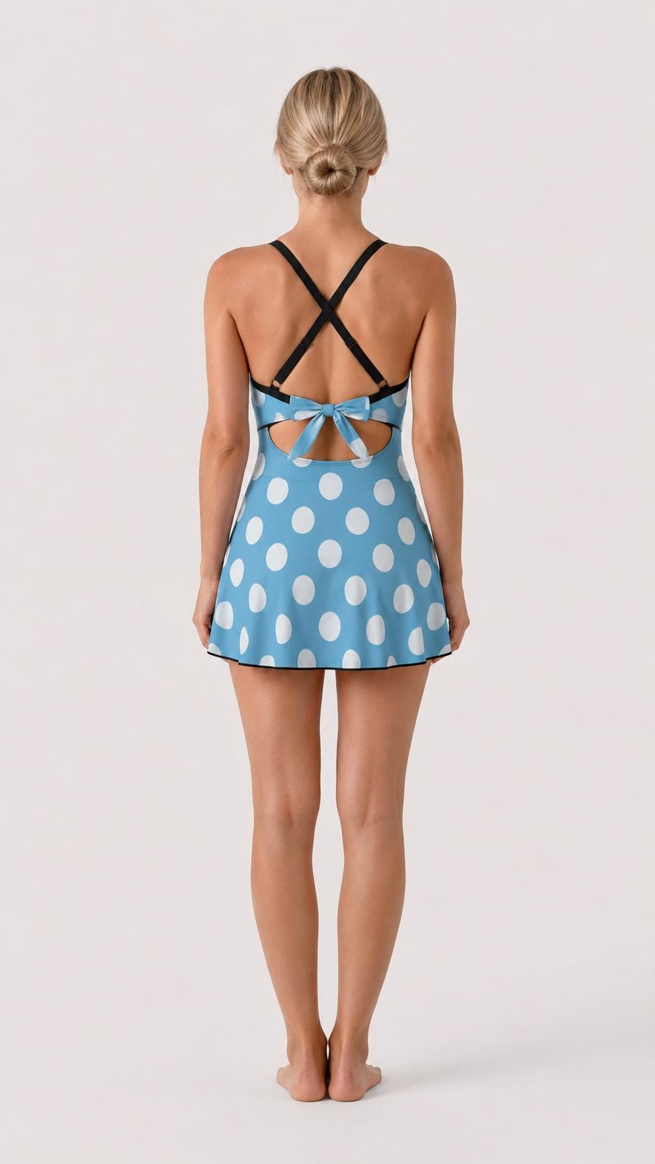 Skirted One-Piece Swimsuit with Cut-Out Detail | Integrated Bottoms | Blue Retro Polka-Dot