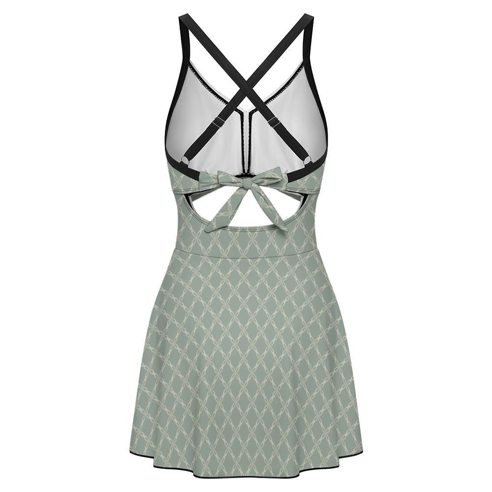 Skirted One-Piece Swimsuit with Cut-Out Detail | Integrated Bottoms | Blue- Grey Retro Trellis