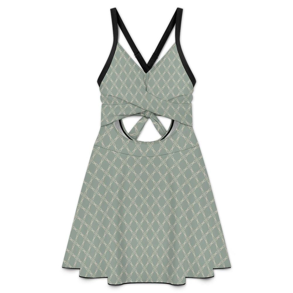 Skirted One-Piece Swimsuit with Cut-Out Detail | Integrated Bottoms | Blue- Grey Retro Trellis