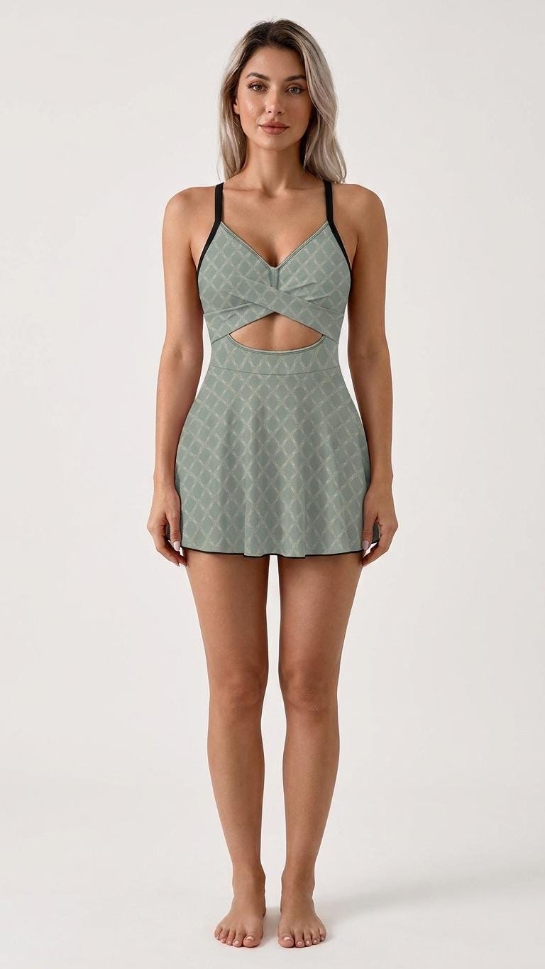 Skirted One-Piece Swimsuit with Cut-Out Detail | Integrated Bottoms | Blue- Grey Retro Trellis