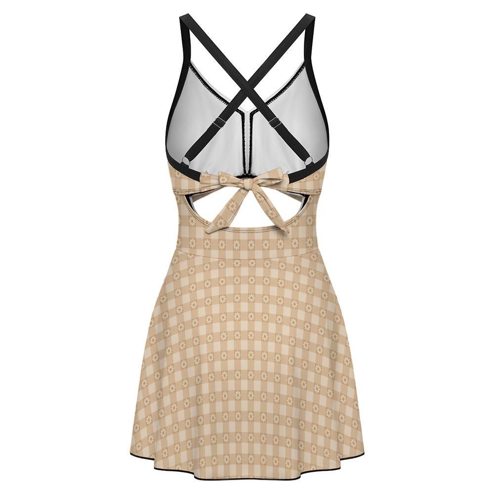Skirted One-Piece Swimsuit with Cut-Out Detail | Integrated Bottoms | Beige Checks with Daisies