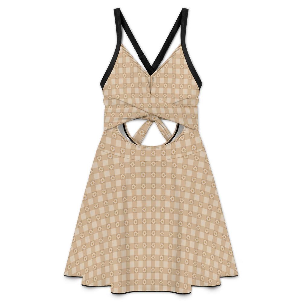 Skirted One-Piece Swimsuit with Cut-Out Detail | Integrated Bottoms | Beige Checks with Daisies