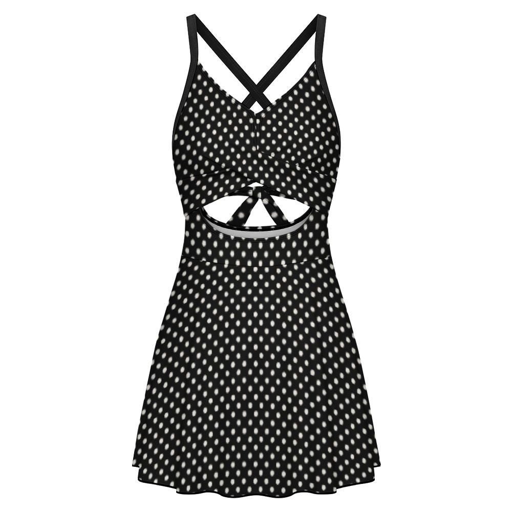 Skirted Retro One-Piece Swimsuit with Cut-Out Detail | Integrated Bottoms | Black Vintage Polka-Dot