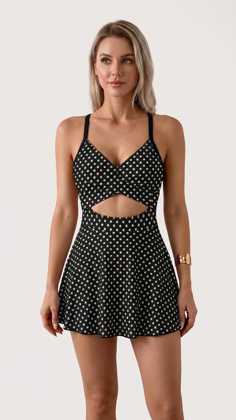Skirted Retro One-Piece Swimsuit with Cut-Out Detail | Integrated Bottoms | Black Vintage Polka-Dot