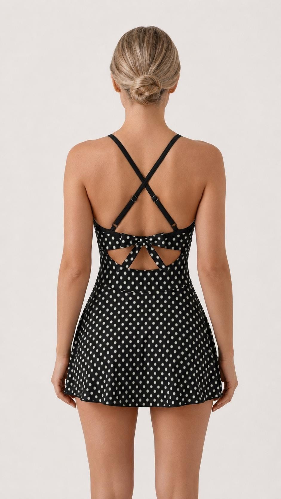 Skirted Retro One-Piece Swimsuit with Cut-Out Detail | Integrated Bottoms | Black Vintage Polka-Dot