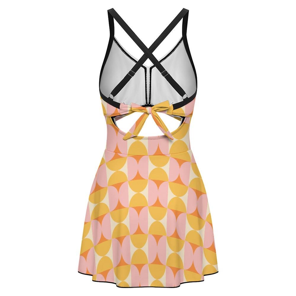 Skirted One-Piece Swimsuit with Cut-Out Detail | Integrated Bottoms | Vintage Midcentury Mod Pastel Print