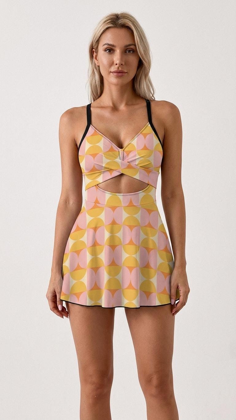 Skirted One-Piece Swimsuit with Cut-Out Detail | Integrated Bottoms | Vintage Midcentury Mod Pastel Print