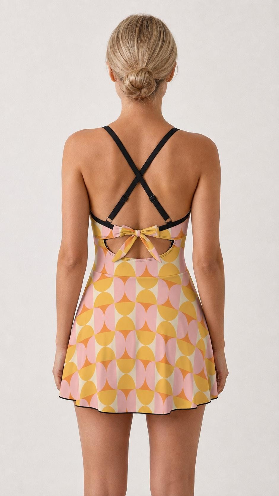 Skirted One-Piece Swimsuit with Cut-Out Detail | Integrated Bottoms | Vintage Midcentury Mod Pastel Print