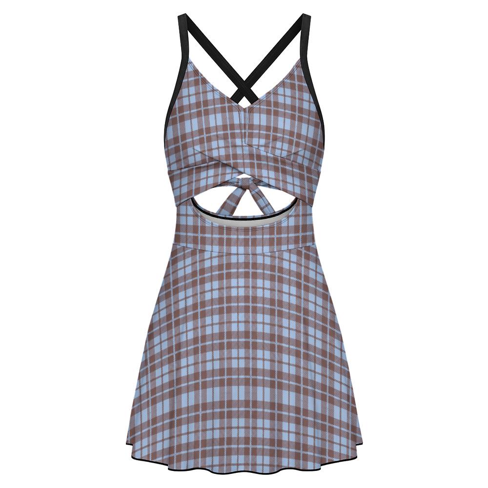 Skirted One-Piece Swimsuit with Cut-Out Detail | Integrated Bottoms | Retro Plaid in Blue & Chocolate Brown