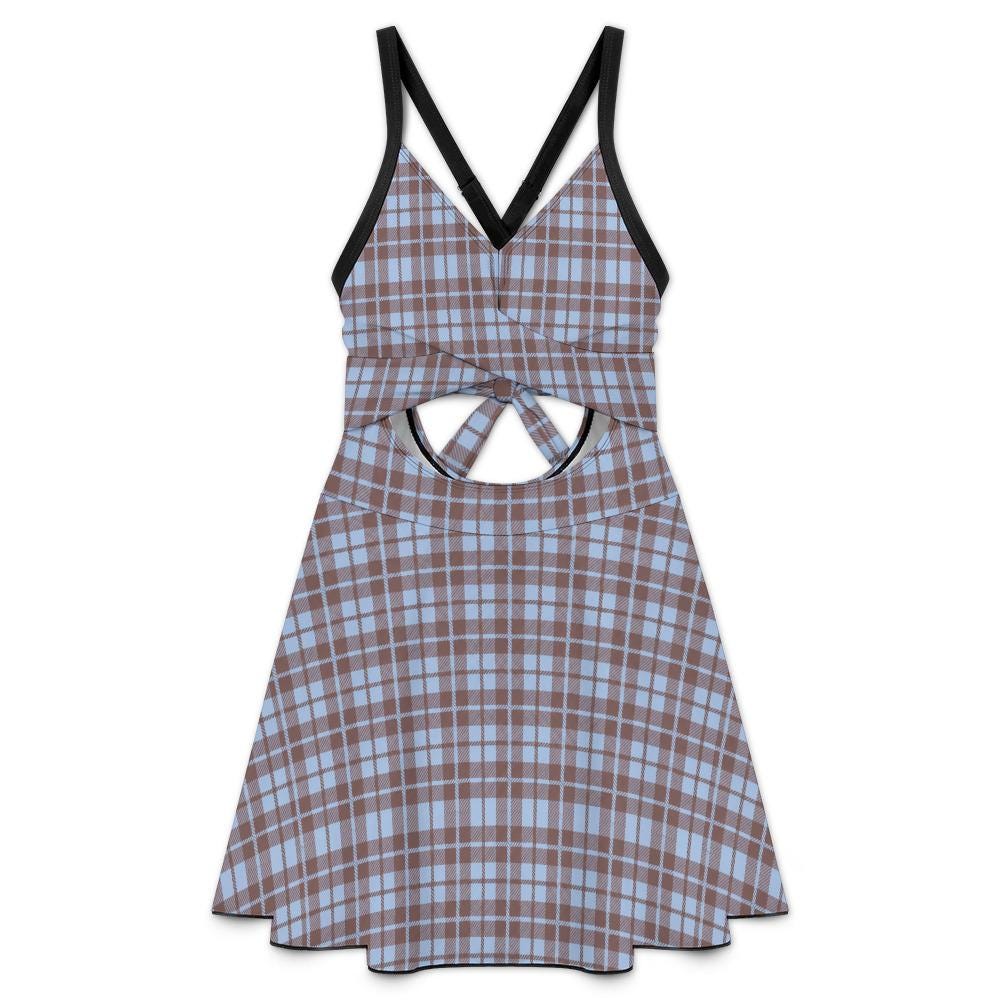 Skirted One-Piece Swimsuit with Cut-Out Detail | Integrated Bottoms | Retro Plaid in Blue & Chocolate Brown