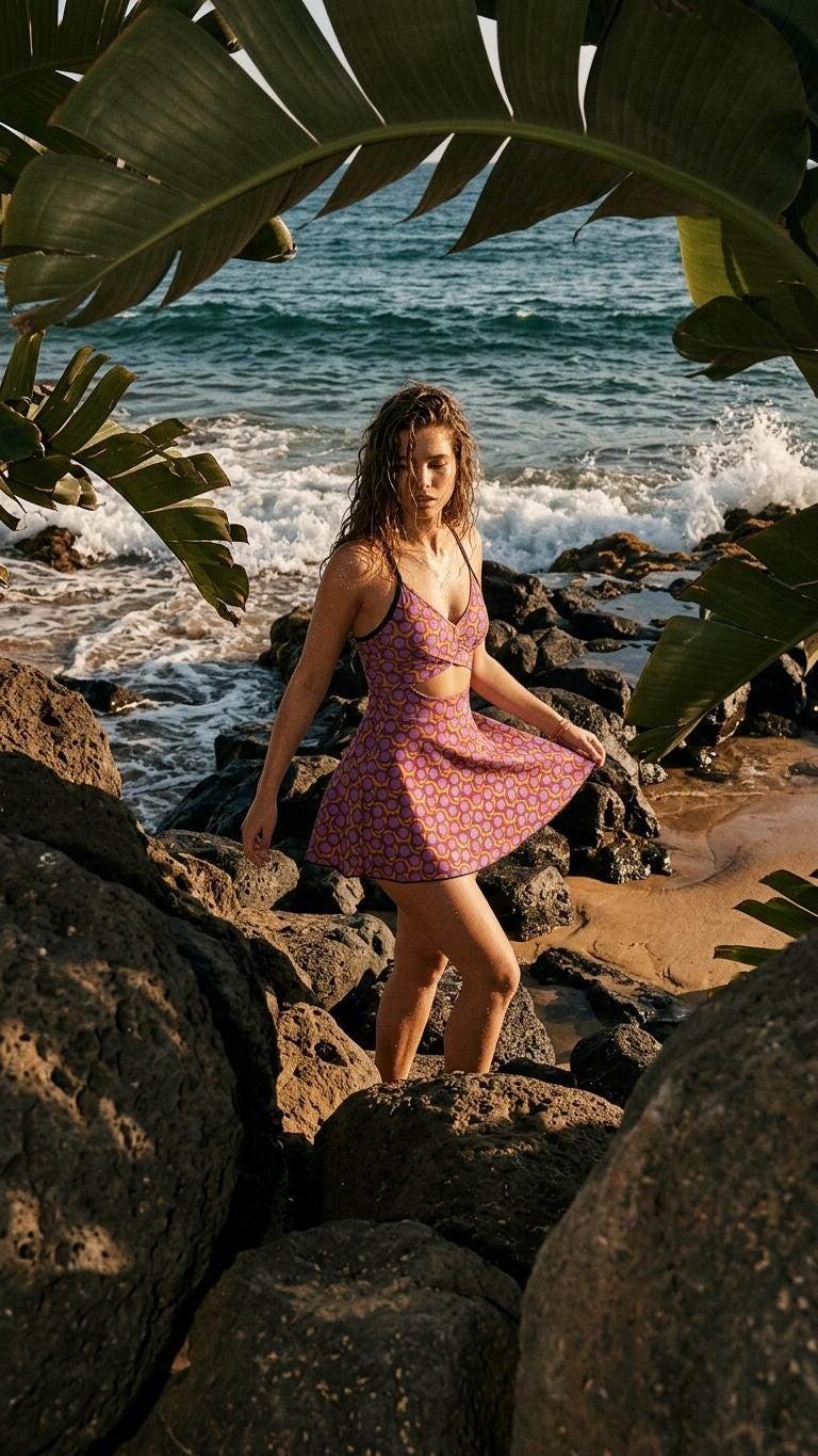 Skirted One-Piece Swimsuit with Cut-Out Detail | Integrated Bottoms | Purple Vintage Midcentury Print