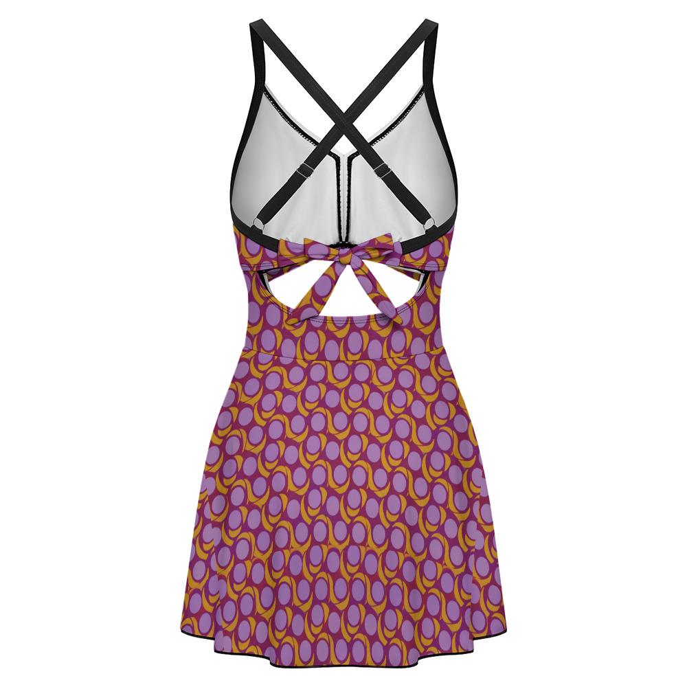 Skirted One-Piece Swimsuit with Cut-Out Detail | Integrated Bottoms | Purple Vintage Midcentury Print
