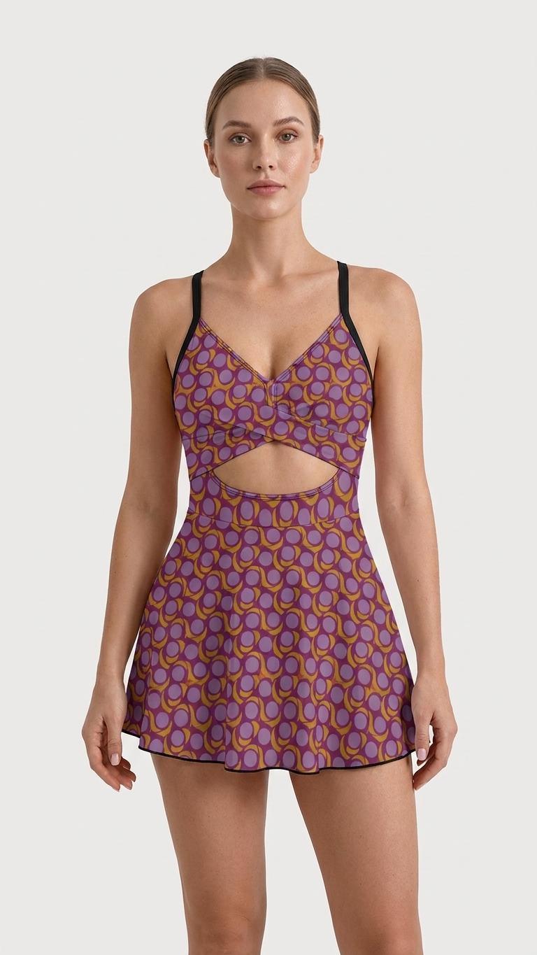 Skirted One-Piece Swimsuit with Cut-Out Detail | Integrated Bottoms | Purple Vintage Midcentury Print