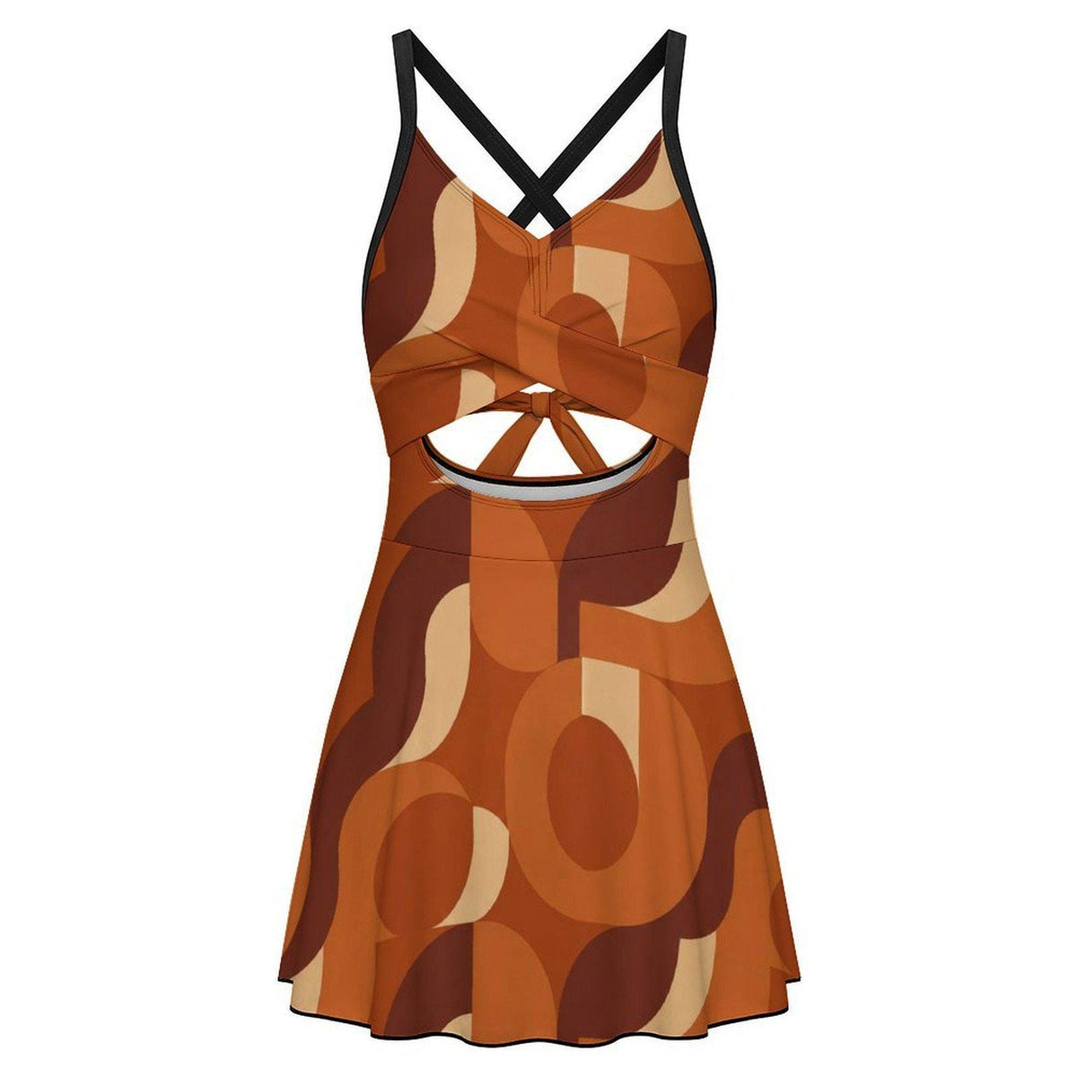 Skirted One-Piece Swimsuit with Cut-Out Detail | Integrated Bottoms | Brown Vintage Midcentury Mod Print