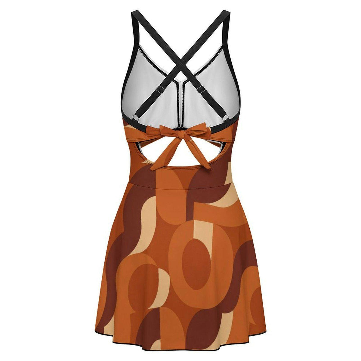 Skirted One-Piece Swimsuit with Cut-Out Detail | Integrated Bottoms | Brown Vintage Midcentury Mod Print