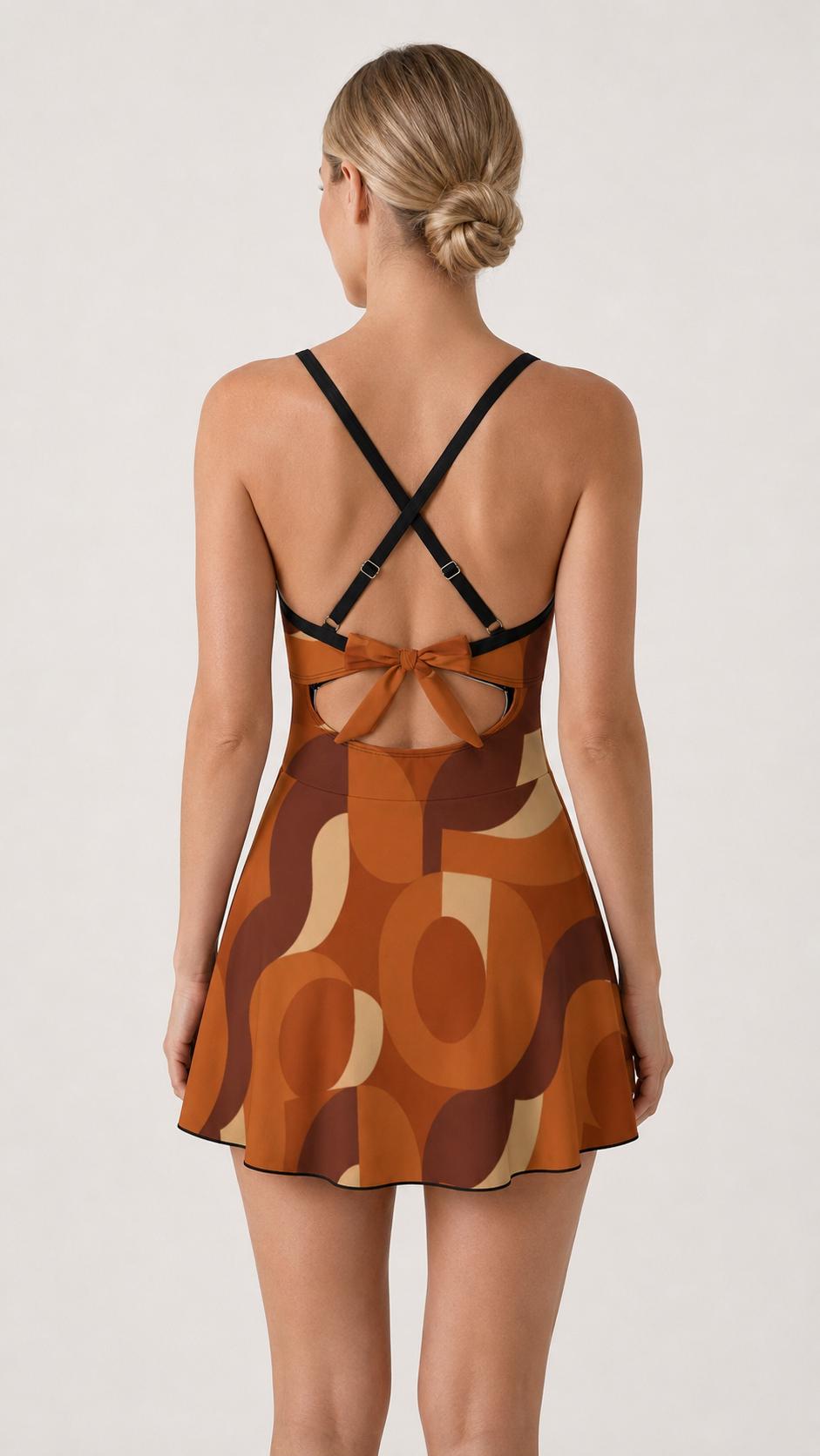 Skirted One-Piece Swimsuit with Cut-Out Detail | Integrated Bottoms | Brown Vintage Midcentury Mod Print