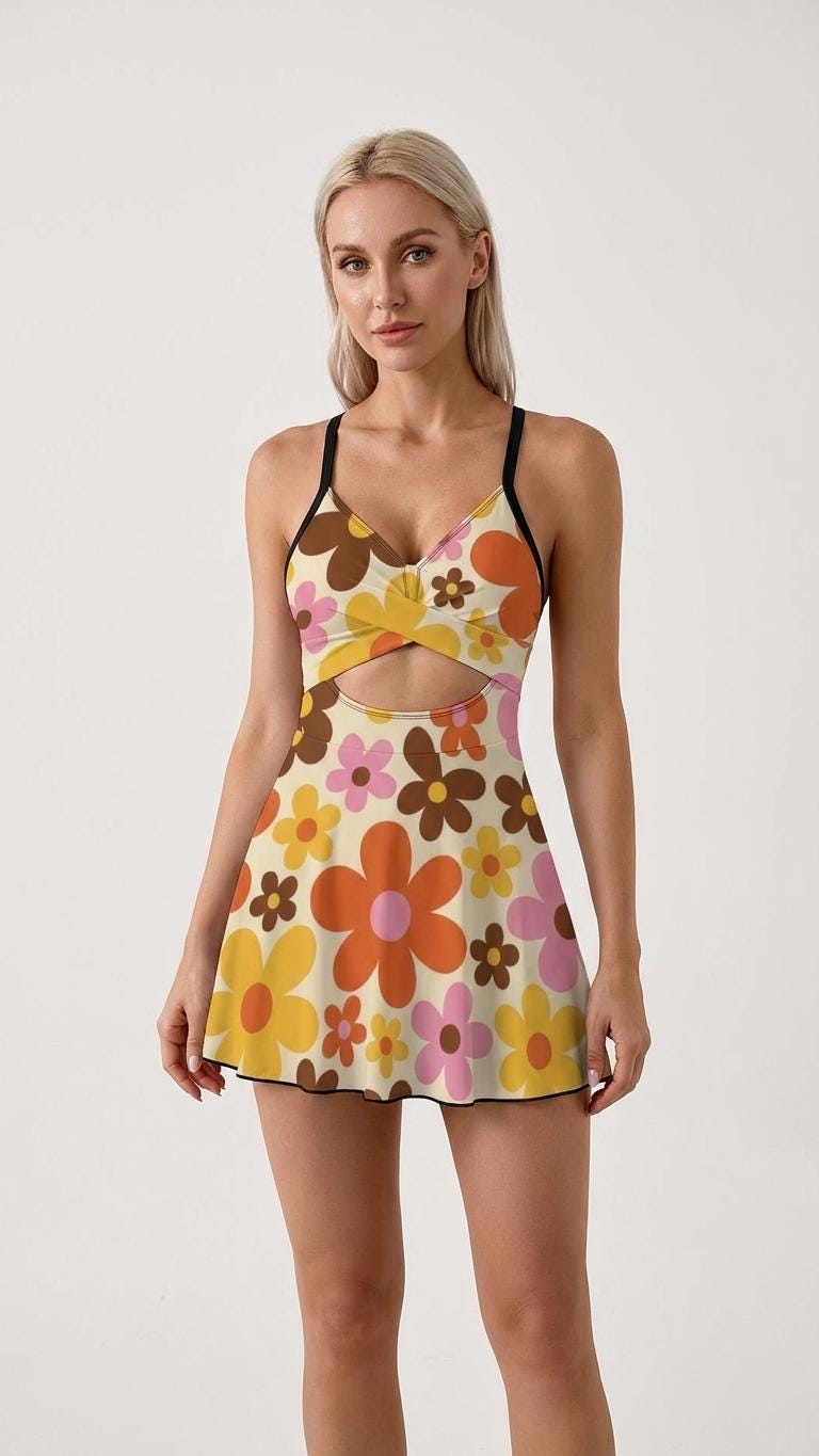 Skirted One-Piece Swimsuit with Cut-Out Detail | Integrated Bottoms | Brown Vintage Midcentury Floral Print