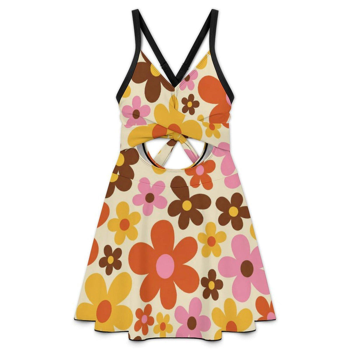 Skirted One-Piece Swimsuit with Cut-Out Detail | Integrated Bottoms | Brown Vintage Midcentury Floral Print