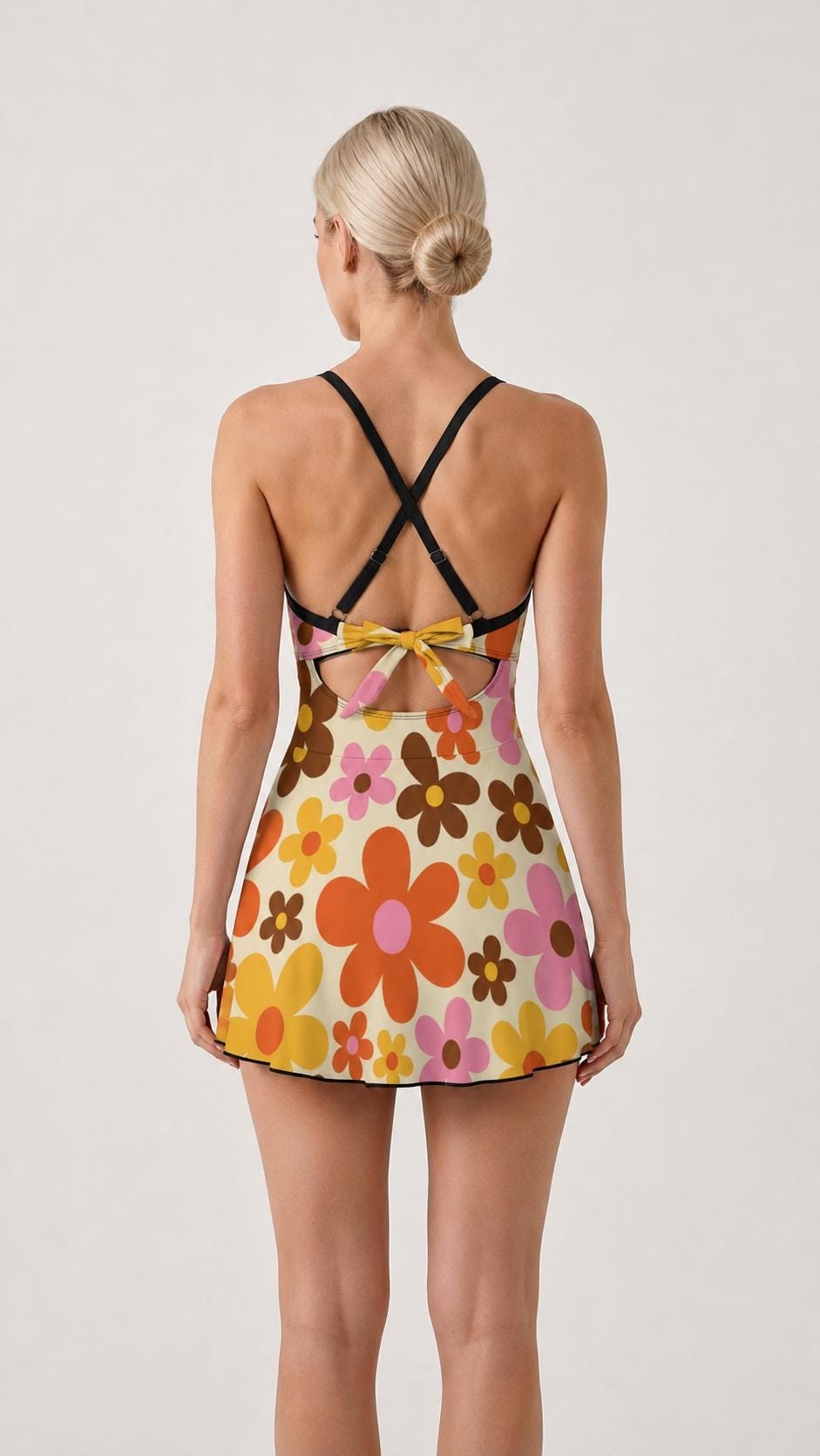 Skirted One-Piece Swimsuit with Cut-Out Detail | Integrated Bottoms | Brown Vintage Midcentury Floral Print