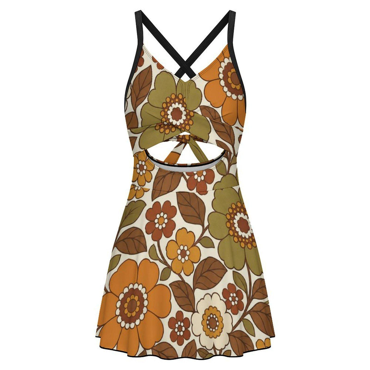 Skirted One-Piece Swimsuit with Cut-Out Detail | Integrated Bottoms | Vintage Midcentury Earthy Florals
