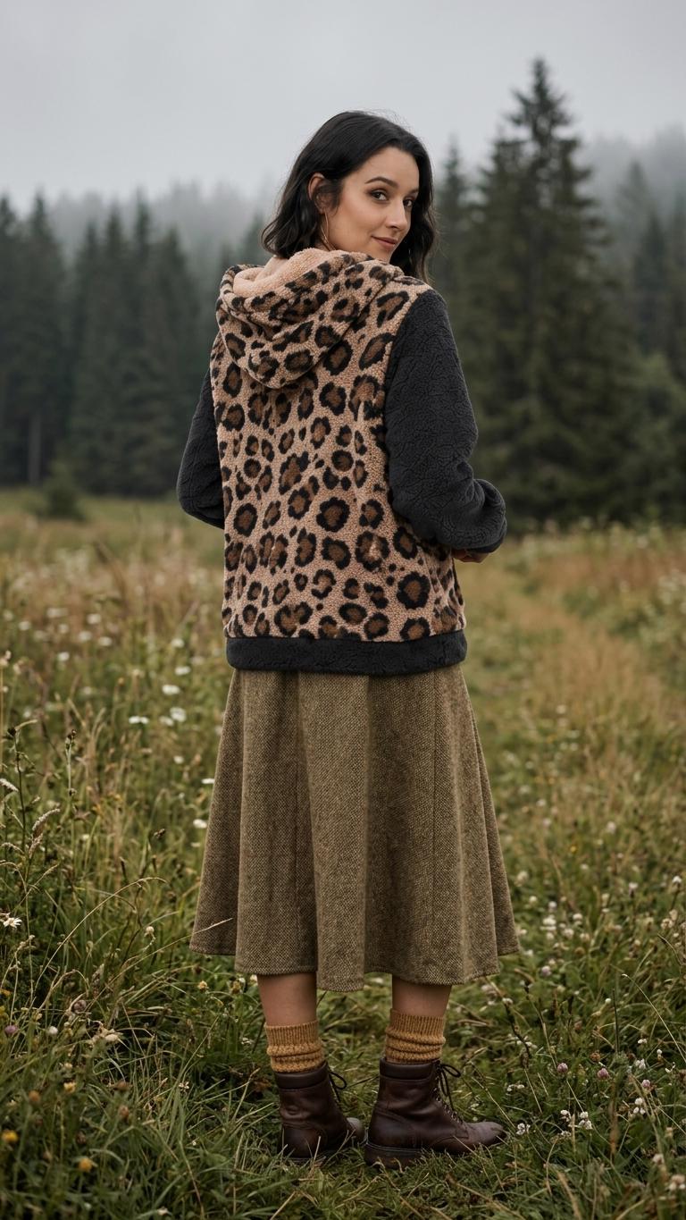 Women's Borg Fleece Hoodie, Half Zip Sherpa Pullover, Retro Patterned Fleece