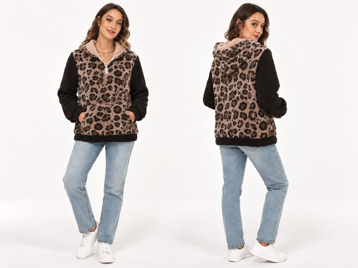 Women's Borg Fleece Hoodie, Half Zip Sherpa Pullover, Retro Patterned Fleece