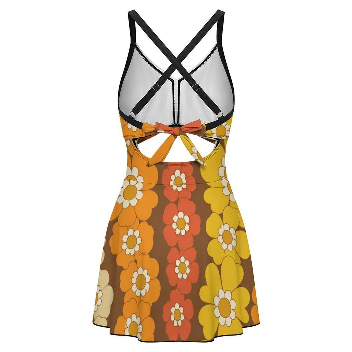 Skirted One-Piece Swimsuit with Cut-Out Detail | Integrated Bottoms | Brown Vintage Midcentury Floral Chains