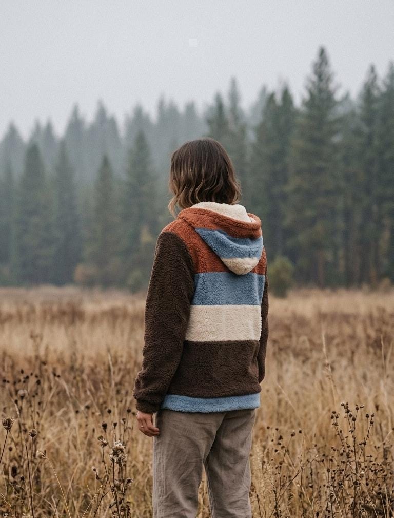 Borg Fleece Half-Zip Hoodie, Retro Color Block, Plush Teddy Sherpa Pullover
