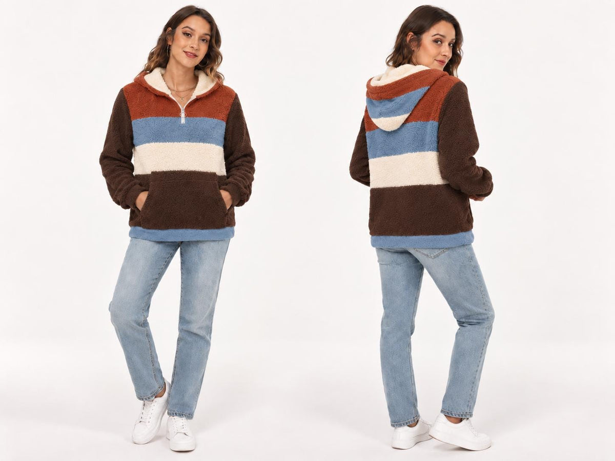 Borg Fleece Half-Zip Hoodie, Retro Color Block, Plush Teddy Sherpa Pullover