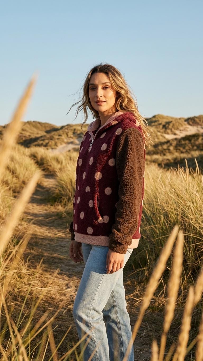 Borg Fleece Half-Zip Hoodie, Retro Polka-Dot, Plush Teddy Sherpa Beach Cover-Up