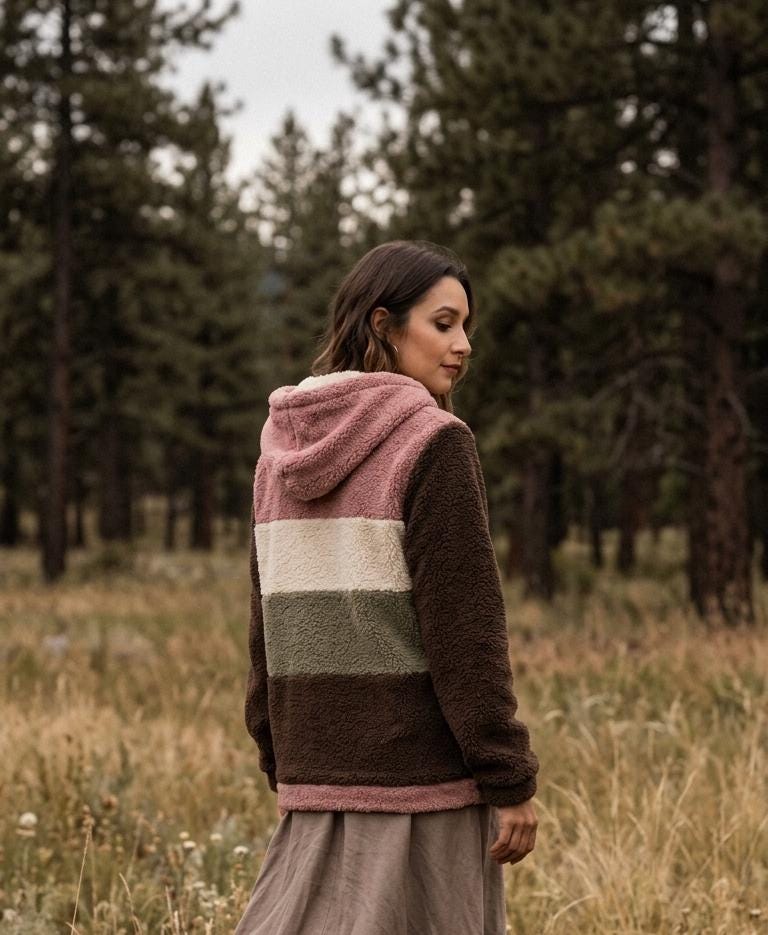 Borg Fleece Half-Zip Hoodie, Retro Color Block, Plush Teddy Sherpa Pullover - with Green