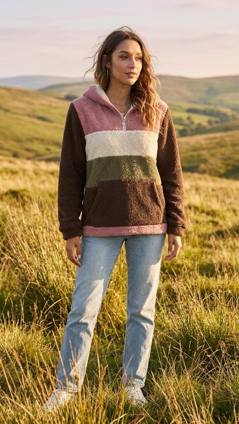 Borg Fleece Half-Zip Hoodie, Retro Color Block, Plush Teddy Sherpa Pullover - with Green