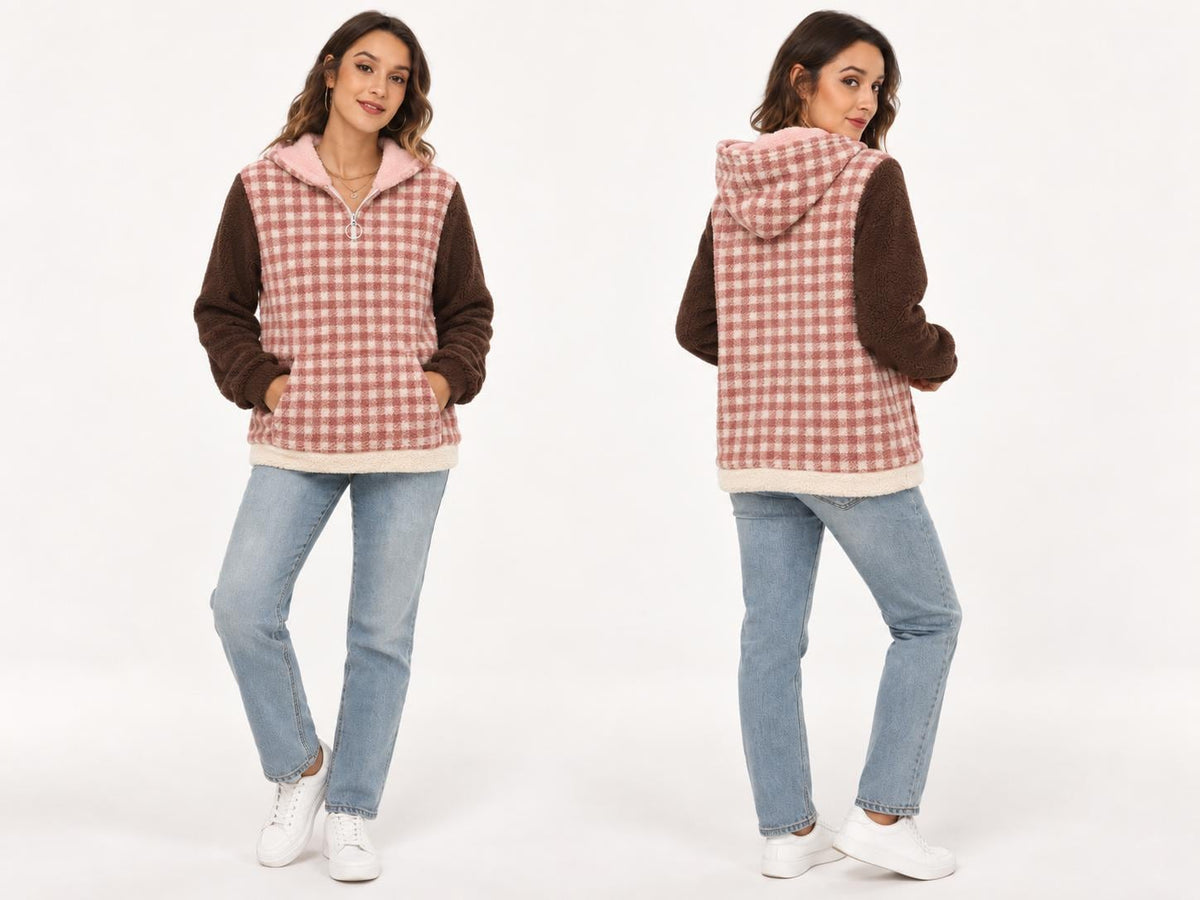 Borg Fleece Half-Zip Hoodie, Retro Gingham, Plush Teddy Sherpa Kangaroo Pocket Pullover - Red