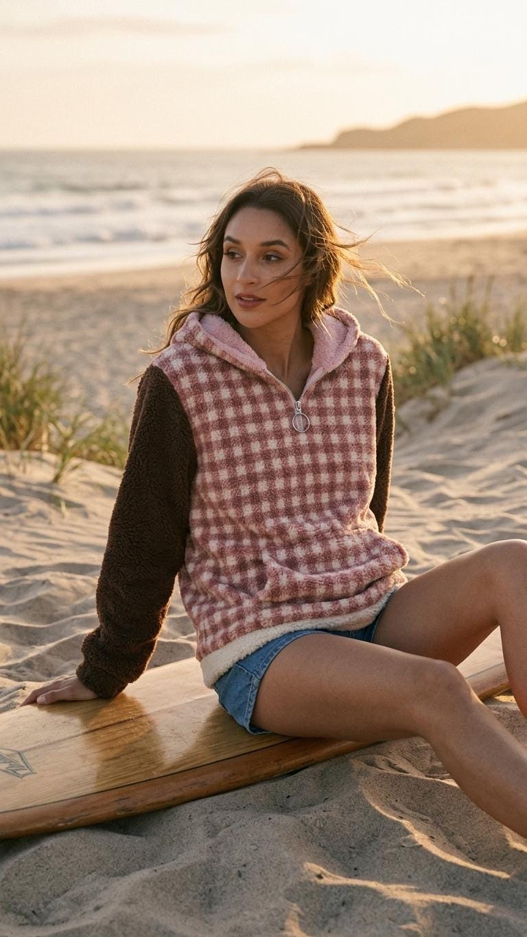 Borg Fleece Half-Zip Hoodie, Retro Gingham, Plush Teddy Sherpa Kangaroo Pocket Pullover - Red