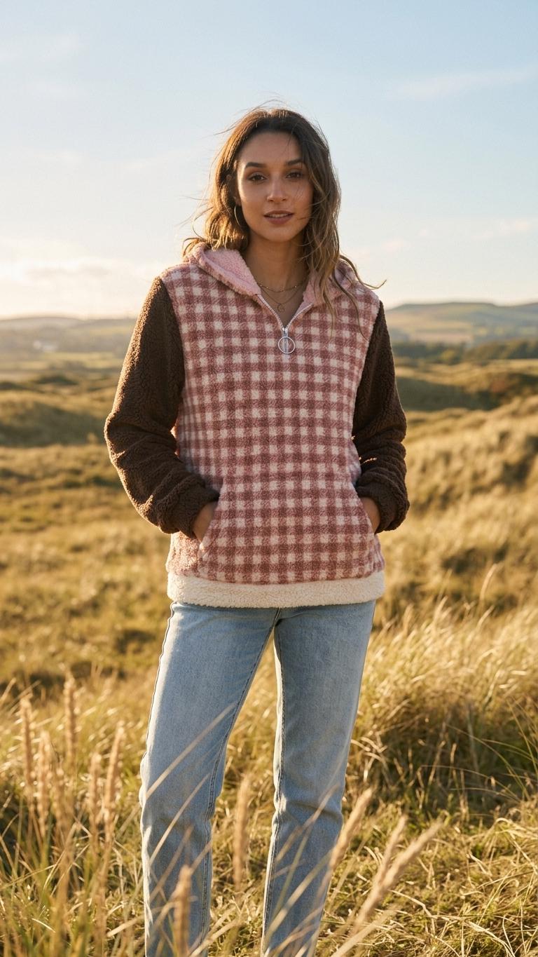 Borg Fleece Half-Zip Hoodie, Retro Gingham, Plush Teddy Sherpa Kangaroo Pocket Pullover - Red