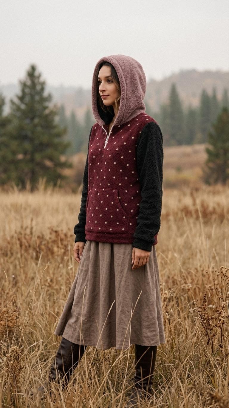 Borg Fleece Half-Zip Hoodie, Retro Polka-Dot, Plush Teddy Sherpa Beach Cover-Up - Black Sleeves