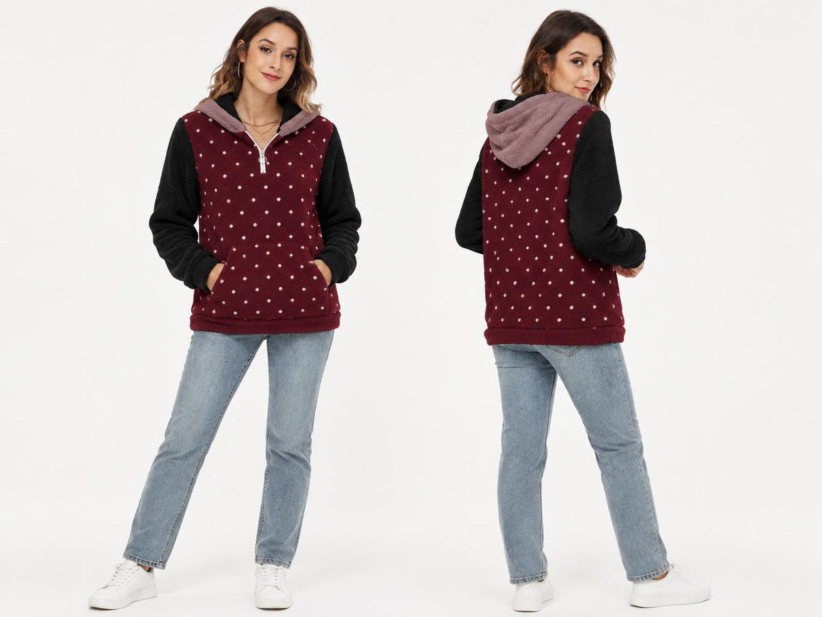 Borg Fleece Half-Zip Hoodie, Retro Polka-Dot, Plush Teddy Sherpa Beach Cover-Up - Black Sleeves