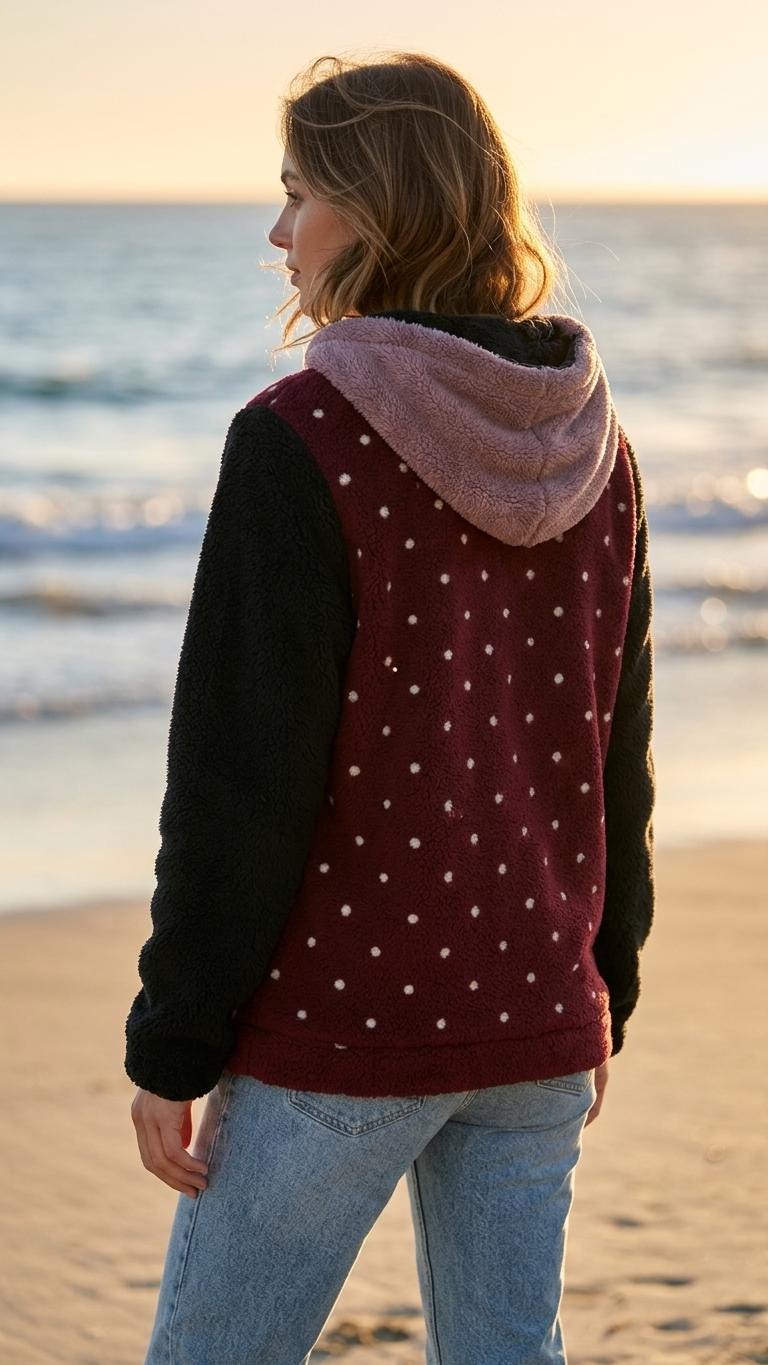 Borg Fleece Half-Zip Hoodie, Retro Polka-Dot, Plush Teddy Sherpa Beach Cover-Up - Black Sleeves