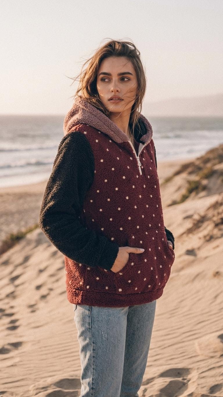 Borg Fleece Half-Zip Hoodie, Retro Polka-Dot, Plush Teddy Sherpa Beach Cover-Up - Black Sleeves