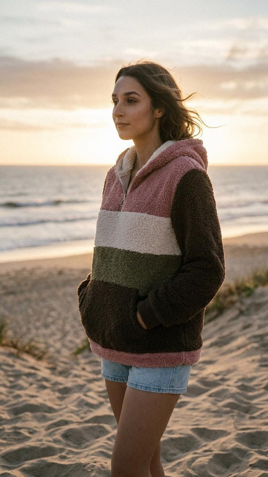 Borg Fleece Half-Zip Hoodie, Retro Color Block, Plush Teddy Sherpa Pullover - with Green