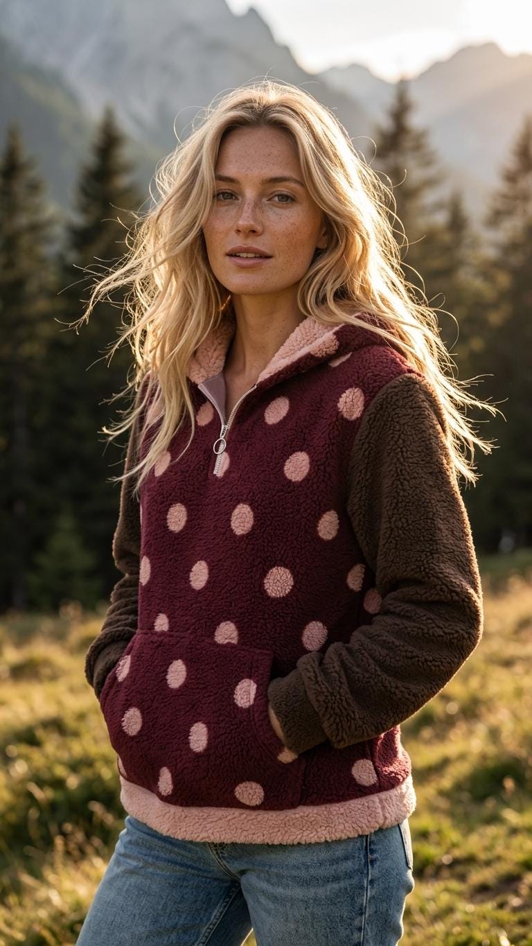 Borg Fleece Half-Zip Hoodie, Retro Polka-Dot, Plush Teddy Sherpa Beach Cover-Up