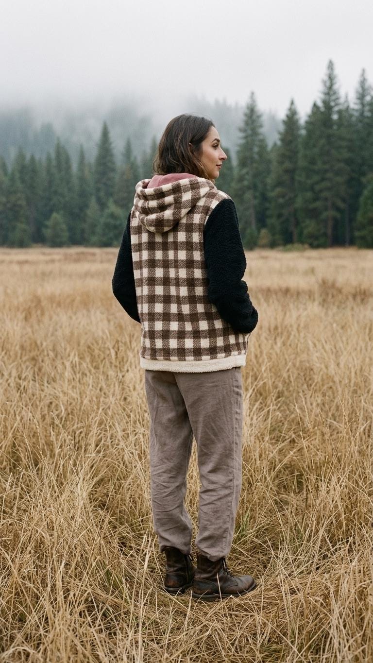 Borg Fleece Half-Zip Hoodie, Retro Gingham, Plush Teddy Sherpa Kangaroo Pocket Pullover - Brown