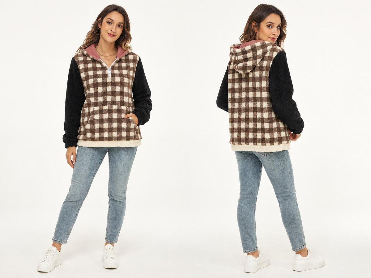 Borg Fleece Half-Zip Hoodie, Retro Gingham, Plush Teddy Sherpa Kangaroo Pocket Pullover - Brown