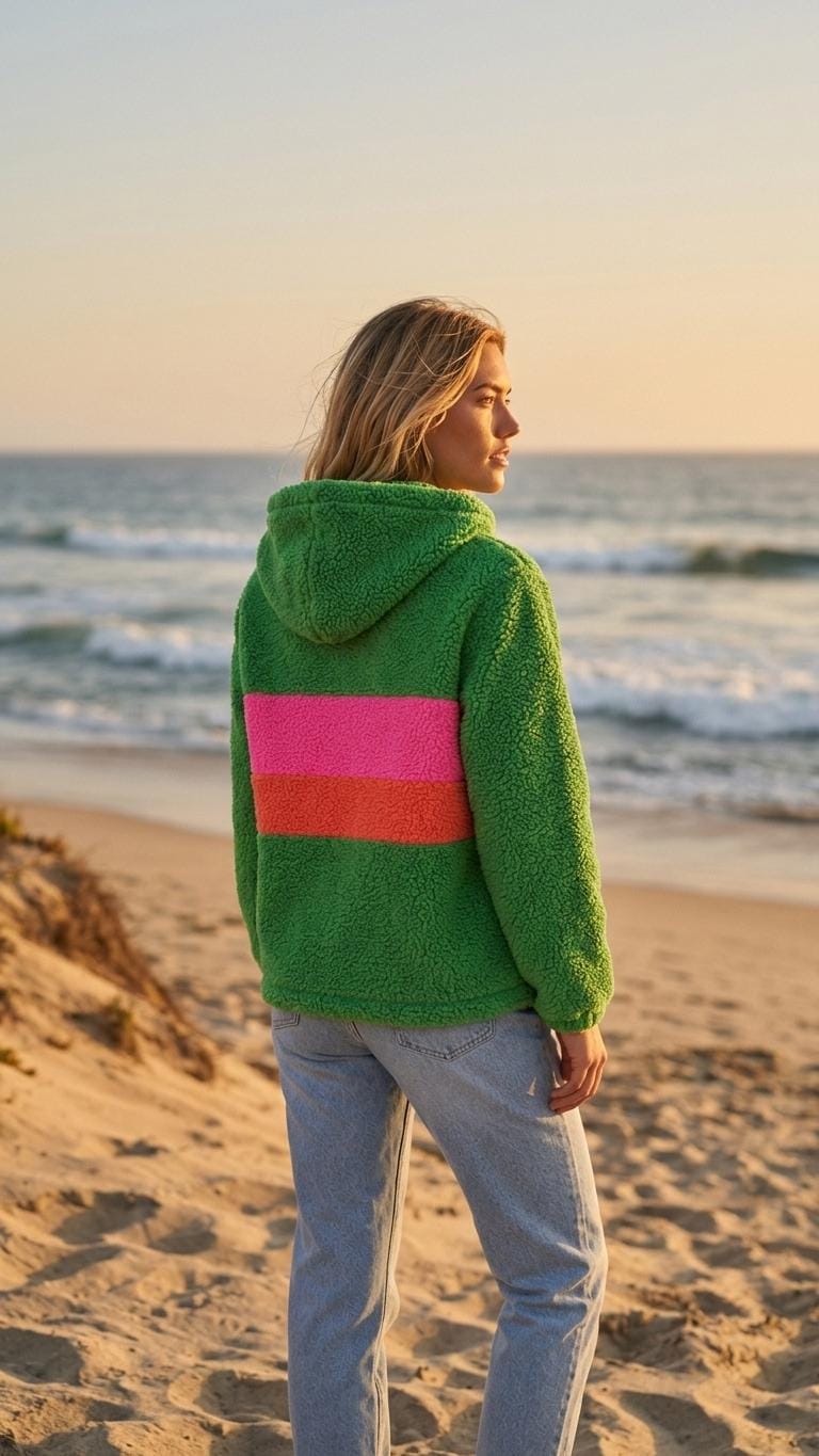 Retro Borg Fleece Half-Zip Hoodie, Plush Teddy Sherpa, 1970s Stripes (Green)