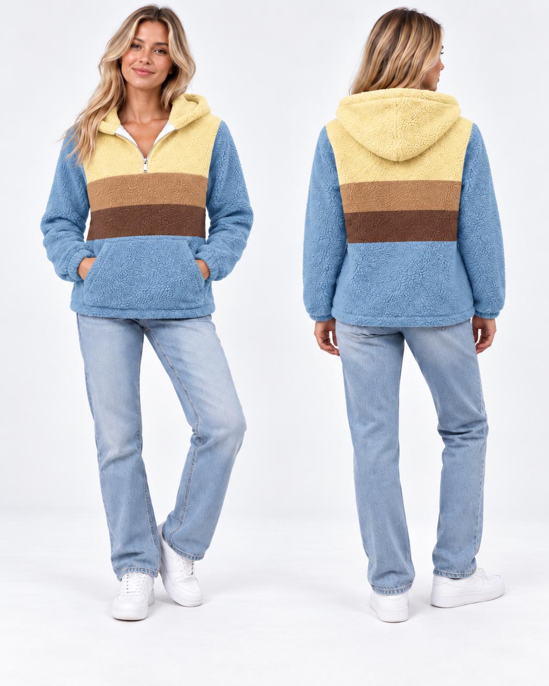 Retro Borg Fleece Half-Zip Hoodie, Blue Colour Block Stripes, Plush Teddy Sherpa Pullover