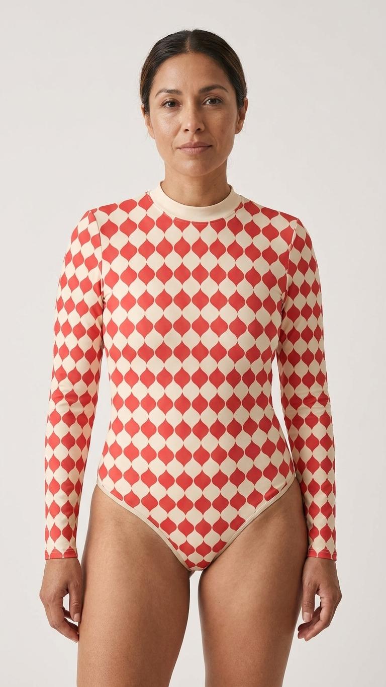 Lightweight Retro Long-Sleeve One-Piece Swimsuit - Back Zipper - Soft Chest Pads - Red Mid-Century Pattern