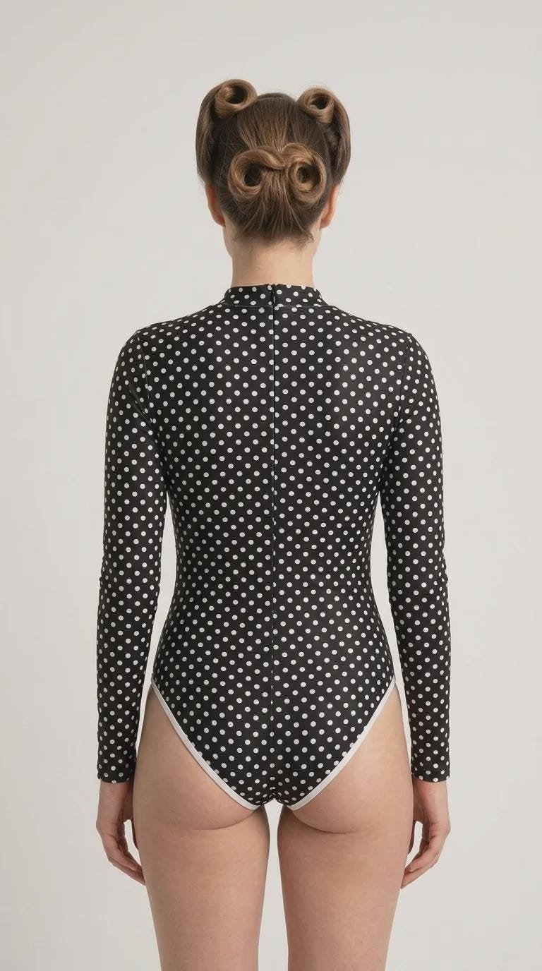 Black Polka Dot Lightweight Back-Zipper One-Piece Swimsuit, Long-Sleeve Bathing Suit